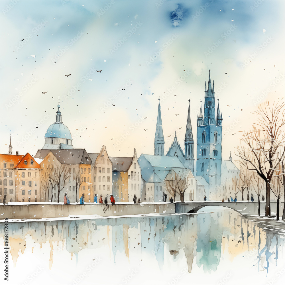Obraz premium Watercolor painting of Munich, Germany with its typical sights, in sunny day in winter season, in minimalist style.