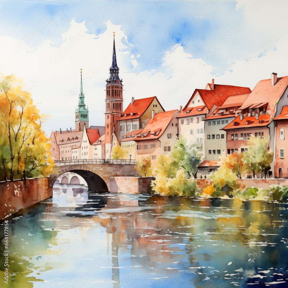 Watercolor painting of Nuremberg, Germany with its typical sights, in sunny day, in minimalist style.

