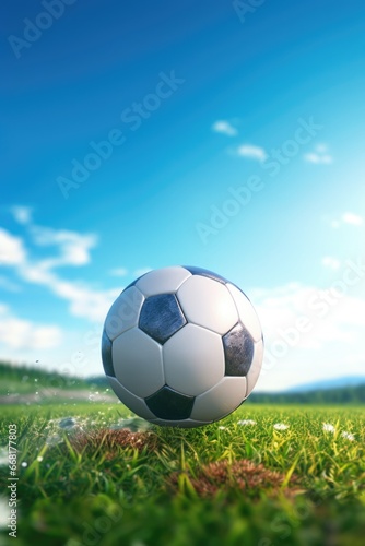 A soccer ball sitting on top of a lush green field. Perfect for sports-related designs and promotional materials.