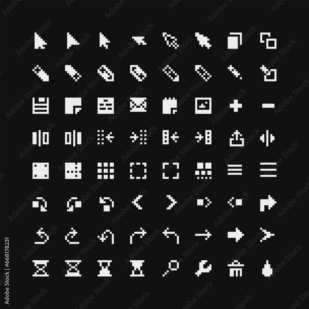 Arrows infographic 1-bit pixel art icons set. Clock, copy, paste, arrow ...