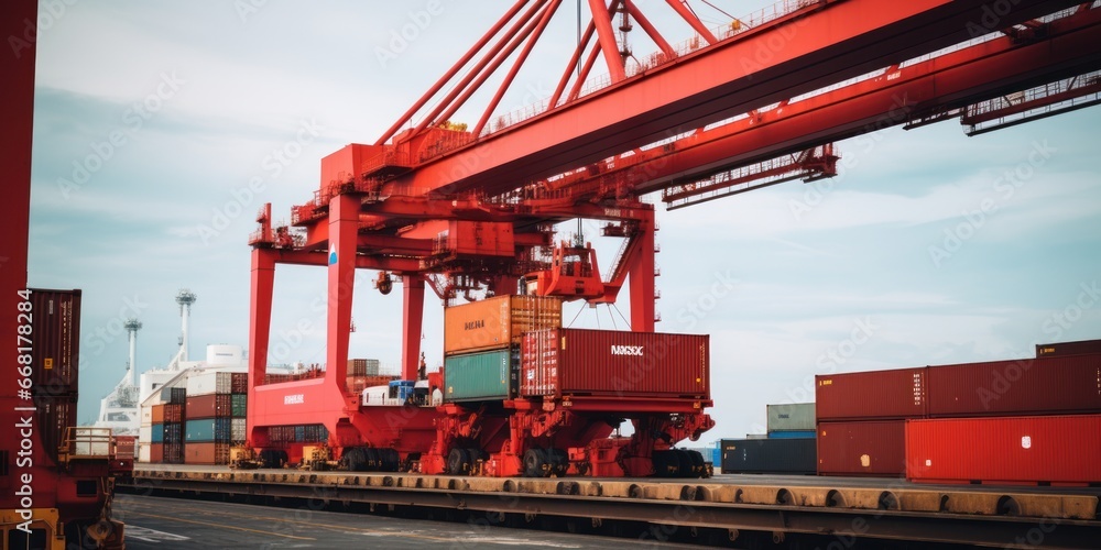 crane loading cargo container import container ship in the international terminal logistic sea port concept freight shipping by ship, Truck running in port under the Big Crane transport trade