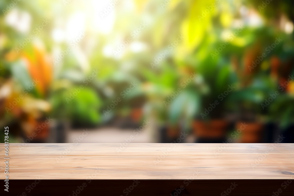 wooden table with indoor plants in background florist plant shop