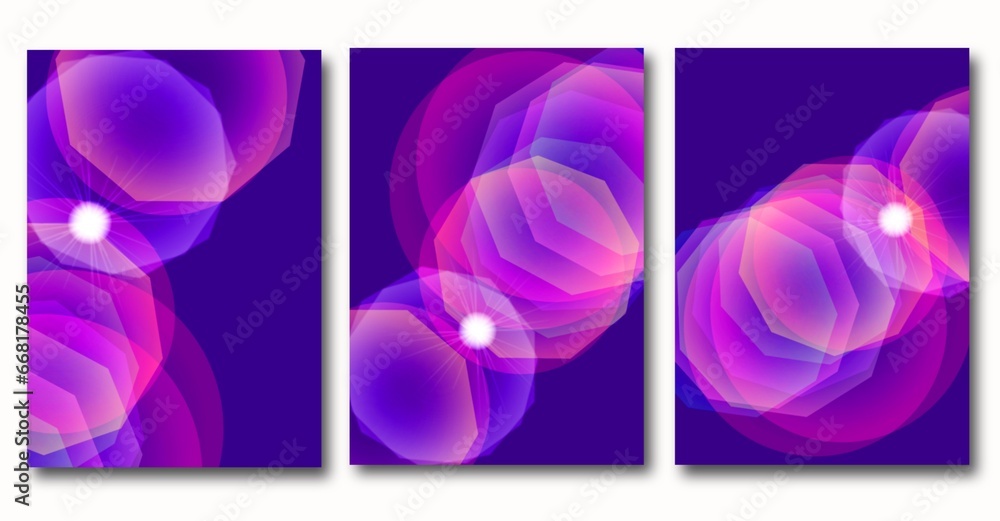 Set of abstract purple covers. Bright glowing colored background with glare. Modern design template for posters, ad banners, brochures, flyers, covers, websites.