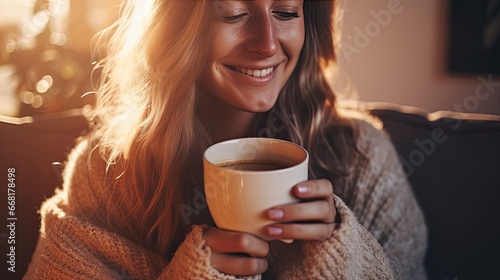 Woman holding a cup of coffee. Drink morning. A girl in a cozy house drinks a hot drink.