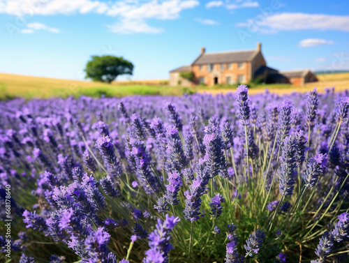 Serene lavender field bathed in sunlight, nestled in a tranquil rural landscape.