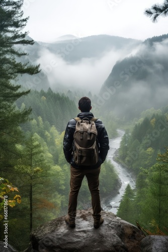 Enjoy nature away from city noise. A male hiker stand with his back to the camera against a foggy mountain landscape. Digital detox concept. Vertical photo.