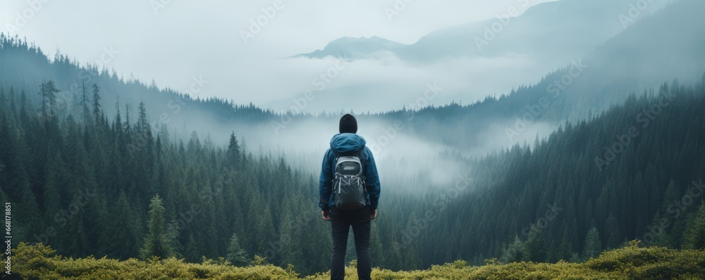Enjoy nature away from city noise. A male hiker stand with his back to the camera against a foggy mountain landscape. Digital detox concept. - obrazy, fototapety, plakaty 