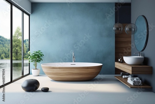 Modern bathroom interior with blue and white tones wall