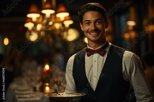 Waiter Serving Delectable Meal in Upscale Ambiance