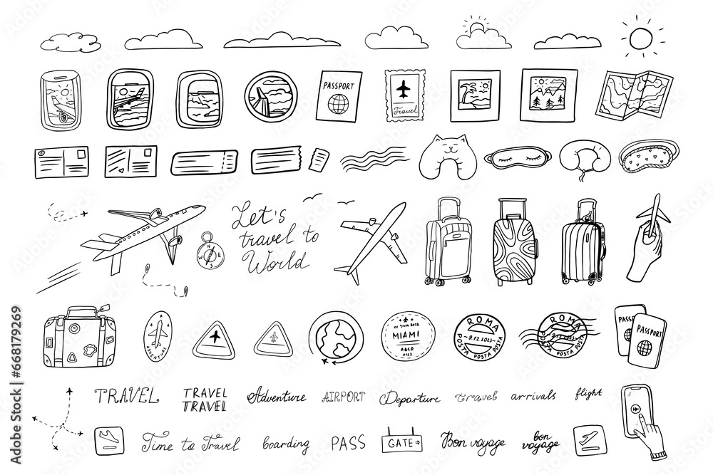 Big set of travel elements. Hand drawn. Suitcase, baggage, plane, fly, ticket, postcard, flight, boarding pass, clouds, view from the window, postage stamp, passport stamp, passport, route. Doodles - obrazy, fototapety, plakaty 