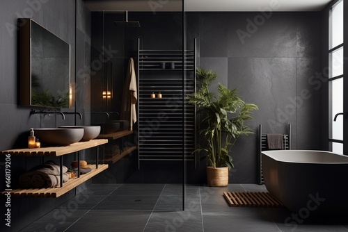 A dark luxury bathroom with a sleek bathroom vanity