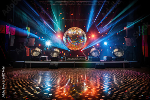 A concert stage of the disco era. A shimmering disco ball.