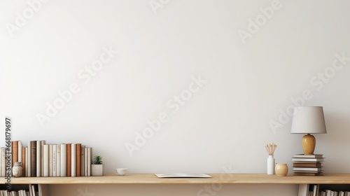 Workspace - office table, empty desk with books and supplies against the white wall, copy space for text or product showcase
