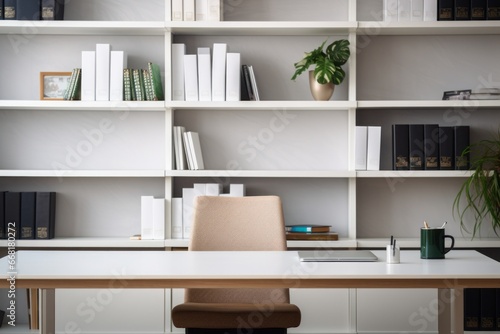 Workspace - office table, empty desk with books and supplies against the blurred library or home office interior, copy space for text or product showcase © Romana