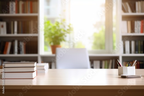 Workspace - office table, empty desk with books and supplies against the blurred library or home office interior, copy space for text or product showcase