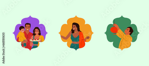 Indian people celebrate the Diwali festival with traditional Indian dressing vector illustrations for festive card design.