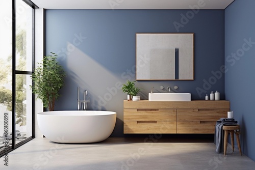 Modern bathroom interior with blue and white tones wall