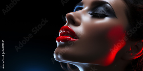 Fantastisches Model Frauen Gesicht mit großartigen Makeup und roten Lippen im dunklen Licht und Schatten Nahaufnahme im Querformat für Banner, ai generativ