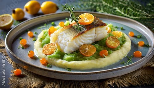 juicy skreifilet, winter cod, on celery-potato mash and fruity kumquat foam, Generated image photo