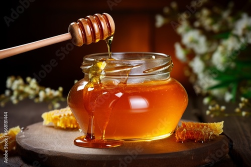 Fresh honey pouring in a jar rustic backgrounds