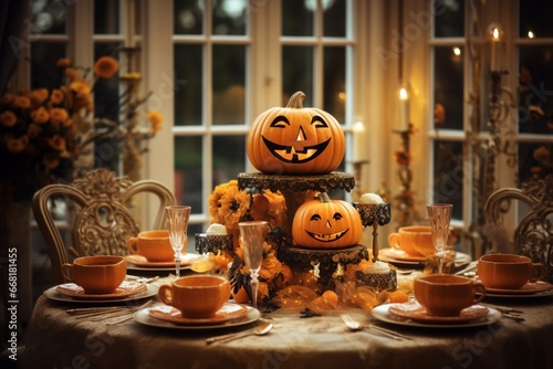 Halloween pumpkin decorations on the table
