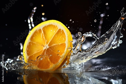 Lemon slice in a splash juice water falling drops
