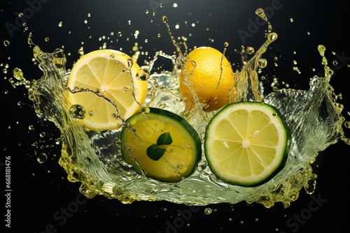 Lemon slice in a splash juice water falling drops