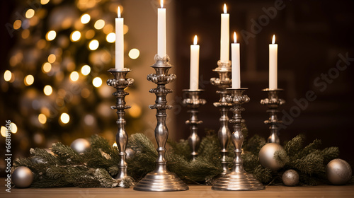 Antique silver candelabras holding tall  tapering candles  Christmas party  blurred background  with copy space