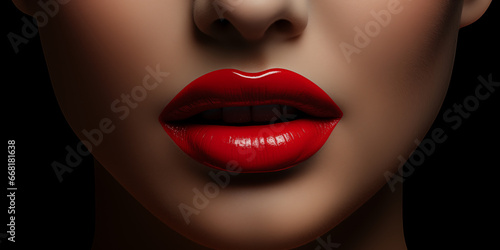 Rote Sexy Lippen einer Frau mit Brillianten Gloss Shine Nahaufnahme im Querfornat f  r Banner  ai generativ