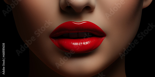 Rote Sexy Lippen einer Frau mit Brillianten Gloss Shine Nahaufnahme im Querfornat für Banner, ai generativ