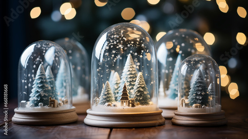 Individual glass domes showcasing miniature winter wonderland scenes, Christmas party, blurred background, with copy space