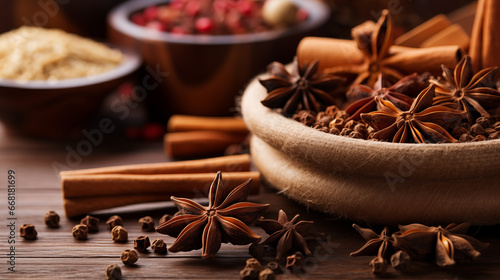 Star anise, cinnamon sticks, and other spices scattered for a sensory experience, Christmas party, blurred background, with copy space