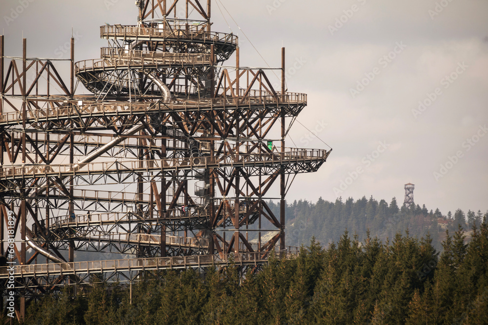 Sky Walk and Lookout tower Kralicky Sneznik in the background, Dolni Morava, Czech Republic. Lookout path Dolni Morawa, Czechia.