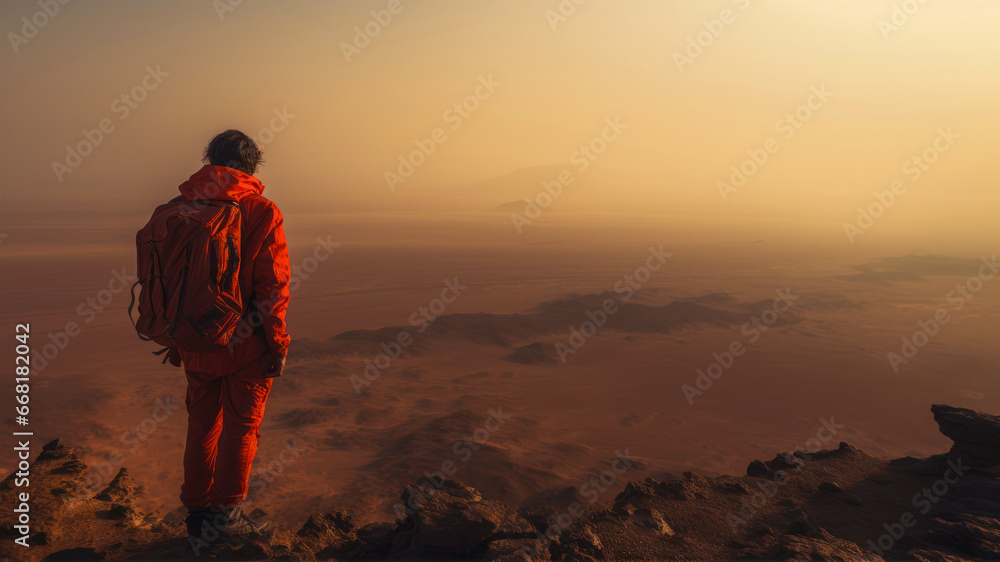 Hiker in orange raincoat standing on top of the mountain and looking at sunrise.