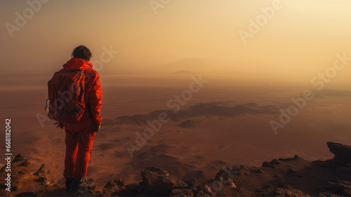 Hiker in orange raincoat standing on top of the mountain and looking at sunrise.