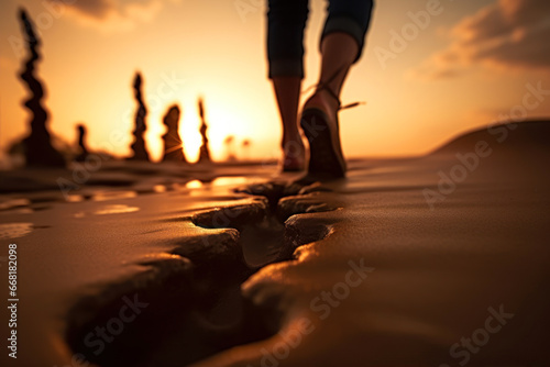 Woman walking on sand dune at sunset. Female legs closeup.