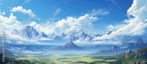 A mesmerizing mountain scenery unfolds on a clear summer day with grand peaks reaching into the blue sky like ancient nature protectors