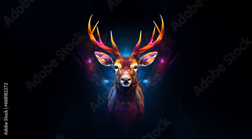a deer in polygons and colors with horns, in the style of linear forms and symmetrical grid © alex