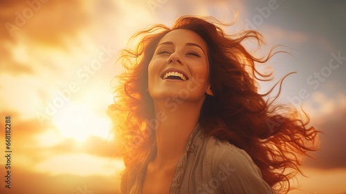 Free happy woman enjoying nature. Beautiful woman outdoors. Freedom concept. © venusvi