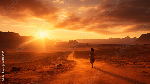 woman walking in the desert. Travel and adventure concept. © Alex
