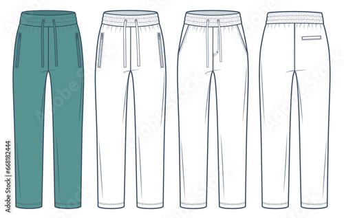 Jogger Pants fashion flat technical drawing template. Sweat Pants technical fashion Illustration, relaxed fit, straight leg, pockets, front, back view, white, green, women, men, unisex CAD mockup set