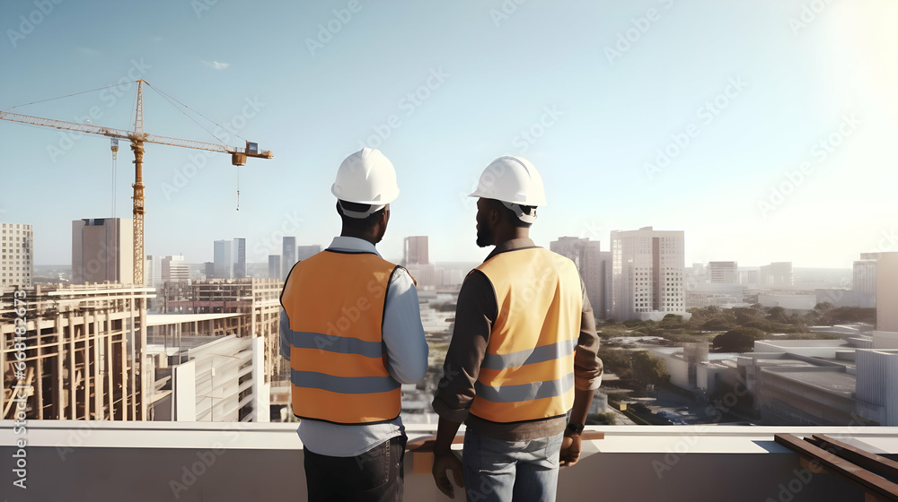 Back view of two male developers wearing hardhats standing on rooftop and talking about apartment facades,Generated Ai Back view of two male developers wearing hardhats standing on rooftop and talking about apartment facades,Generated Ai