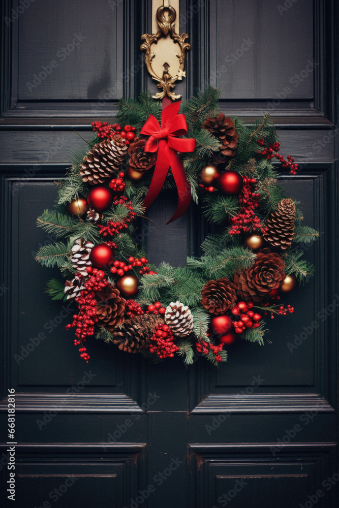 Christmas wreath on the door of the house. Christmas background. Christmas wreath on the door of the house. Christmas background.