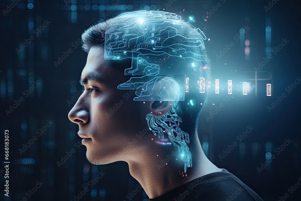 Caucasian man’s head and a section of his brain with a chip hologram Caucasian man’s head and a section of his brain with a chip hologram
