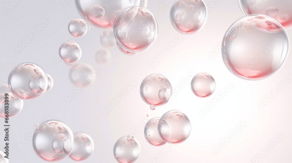 Pink and white concept realistic hydro bubble showcase background in full frame macro close up with selective focus blur. 3D carbonated drops with copy space for beauty care grooming product and medic