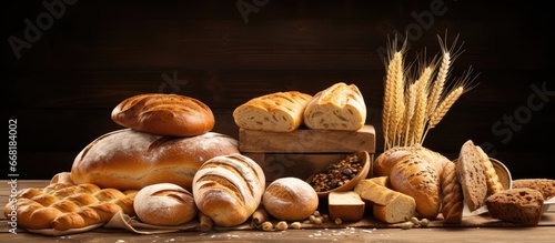 Assorted breads and rolls on wood table
