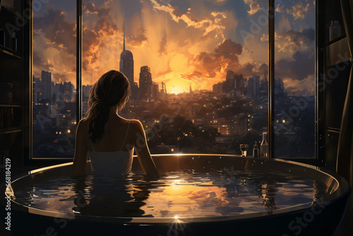 Woman bathing in the bathtub with large window