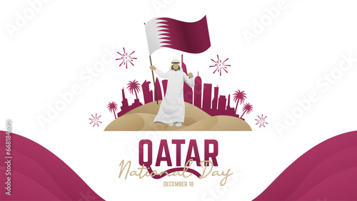 Qatar National Day Banner With Arab Man Holding Flag and City Fireworks Background
