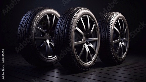 New car tires. Group of road wheels on dark background mockup banner with copy space. Summer Tires with asymmetric tread design. Driving car concept © vita555