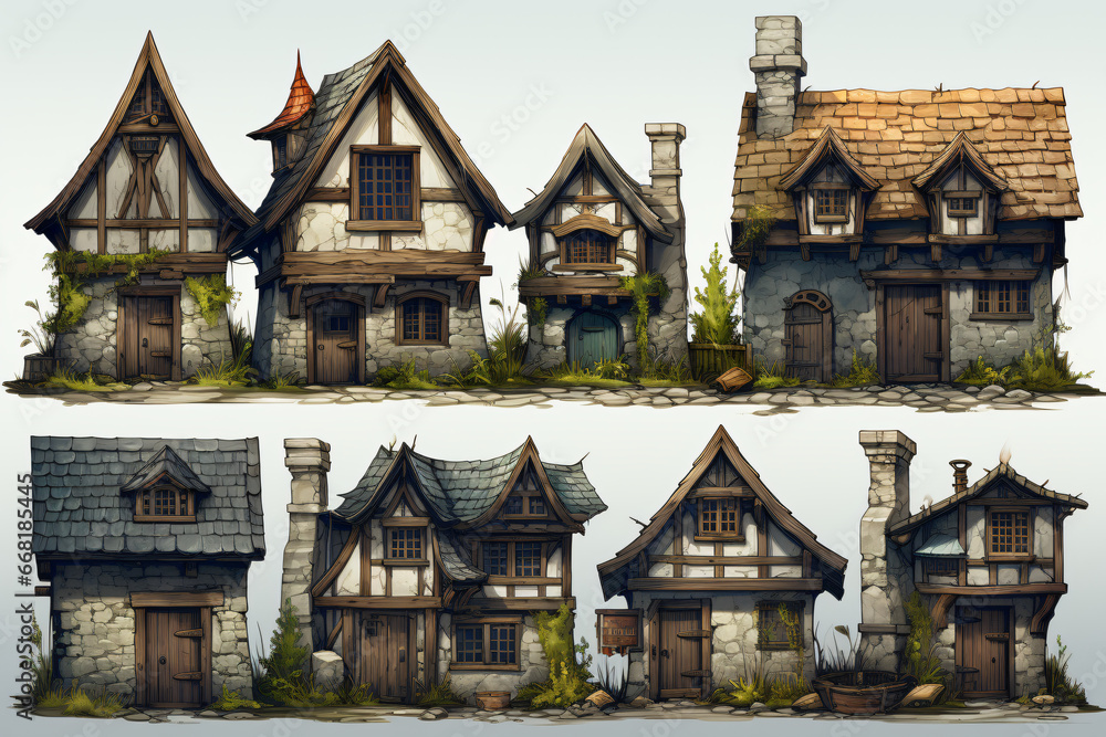 Village buildings 2d rpg style view on transparent background 